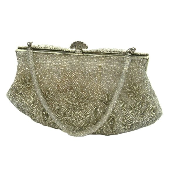 Antique Beaded Purse Heavily Beaded with Silvered Mercury Glass Beads Silver - Picture 7 of 12